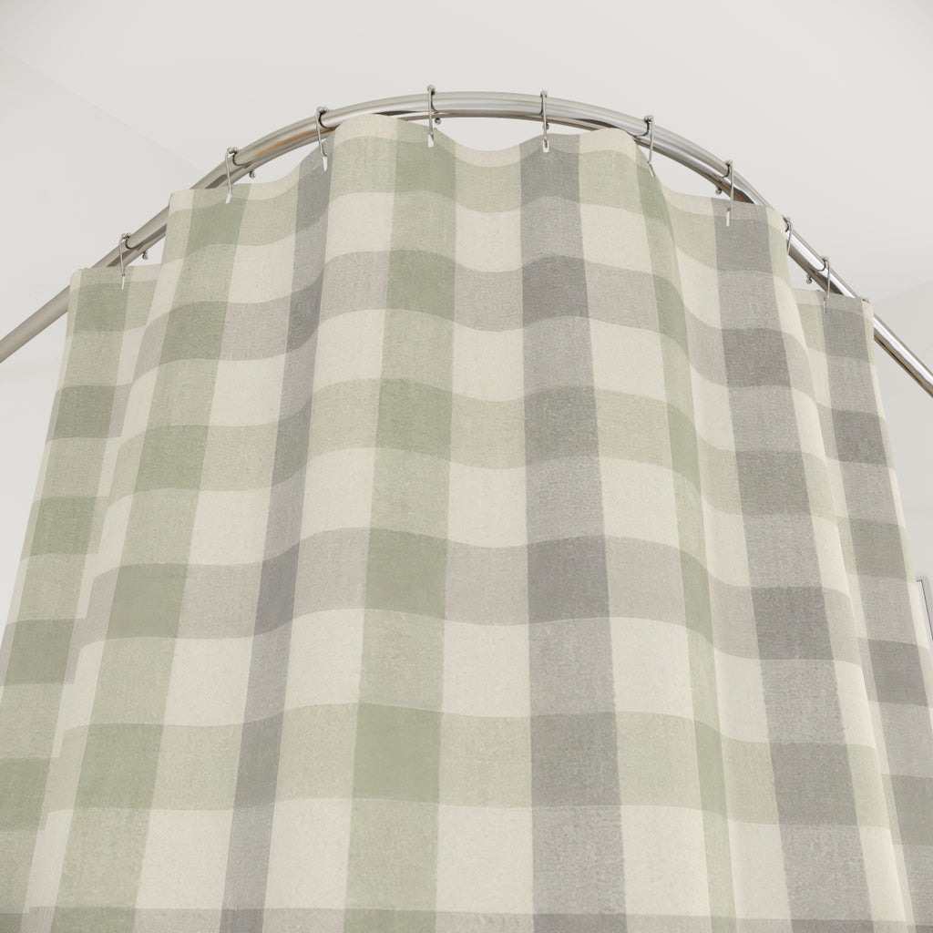 Sage Shower Curtain, Gingham Bath Decor, Gray Green Checkered Pattern, Farmhouse Guest Bathroom Decor, Sage Farmhouse Gingham Style