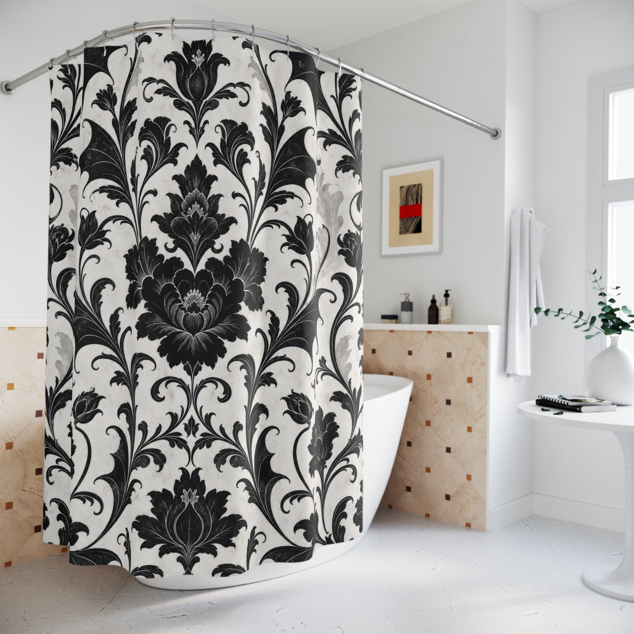 Black White Damask Floral Botanical Acanthus Scroll Shower Curtain