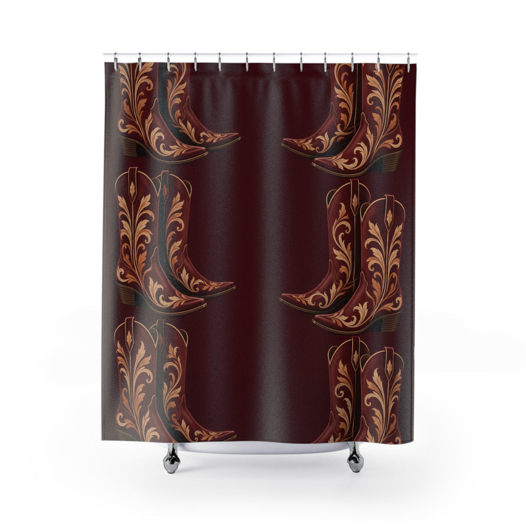 Maroon cowboy boots with cream and ochre scrollwork shower curtain with full front view