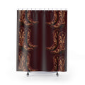Maroon cowboy boots with cream and ochre scrollwork shower curtain with full front view