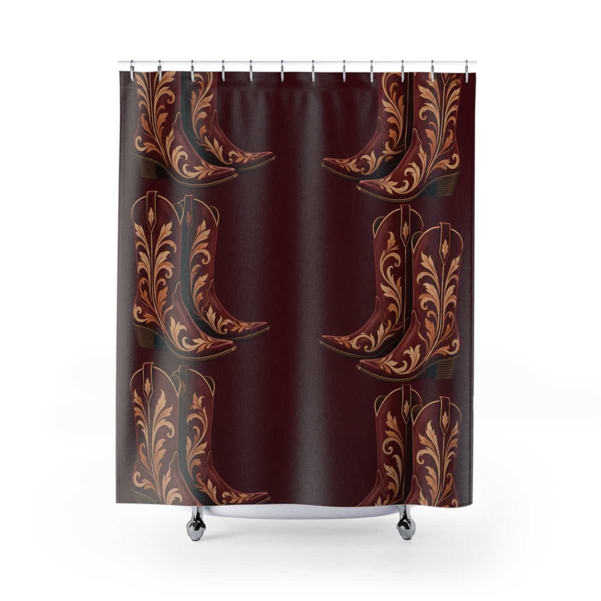 Maroon cowboy boots with cream and ochre scrollwork shower curtain with full front view
