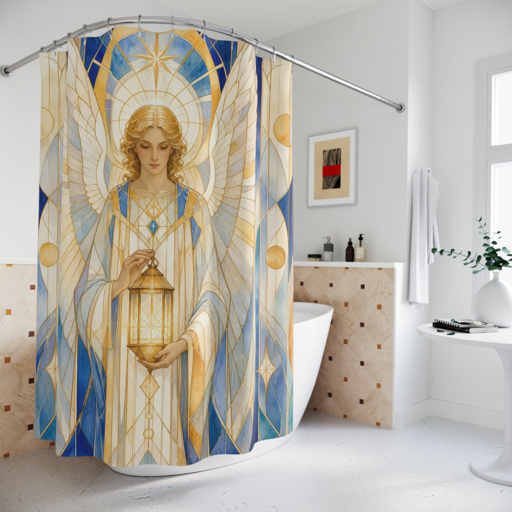 Gabriel Angel Shower Curtain, Stained Glass Messenger Angel Art, Blue White Gold Spiritual Decor, Luminous Bathroom Accent, Church Art Look