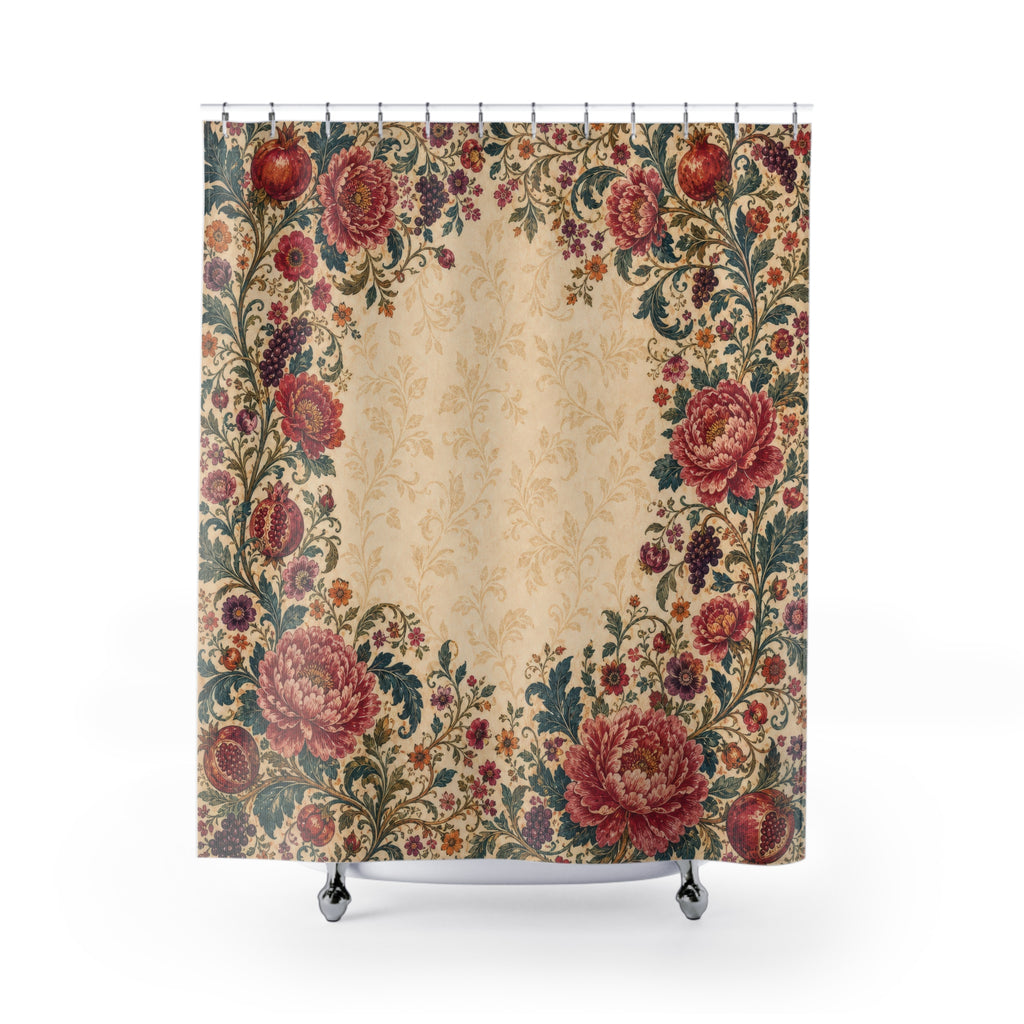 Boho Floral Border Pomegranate Shower Curtain