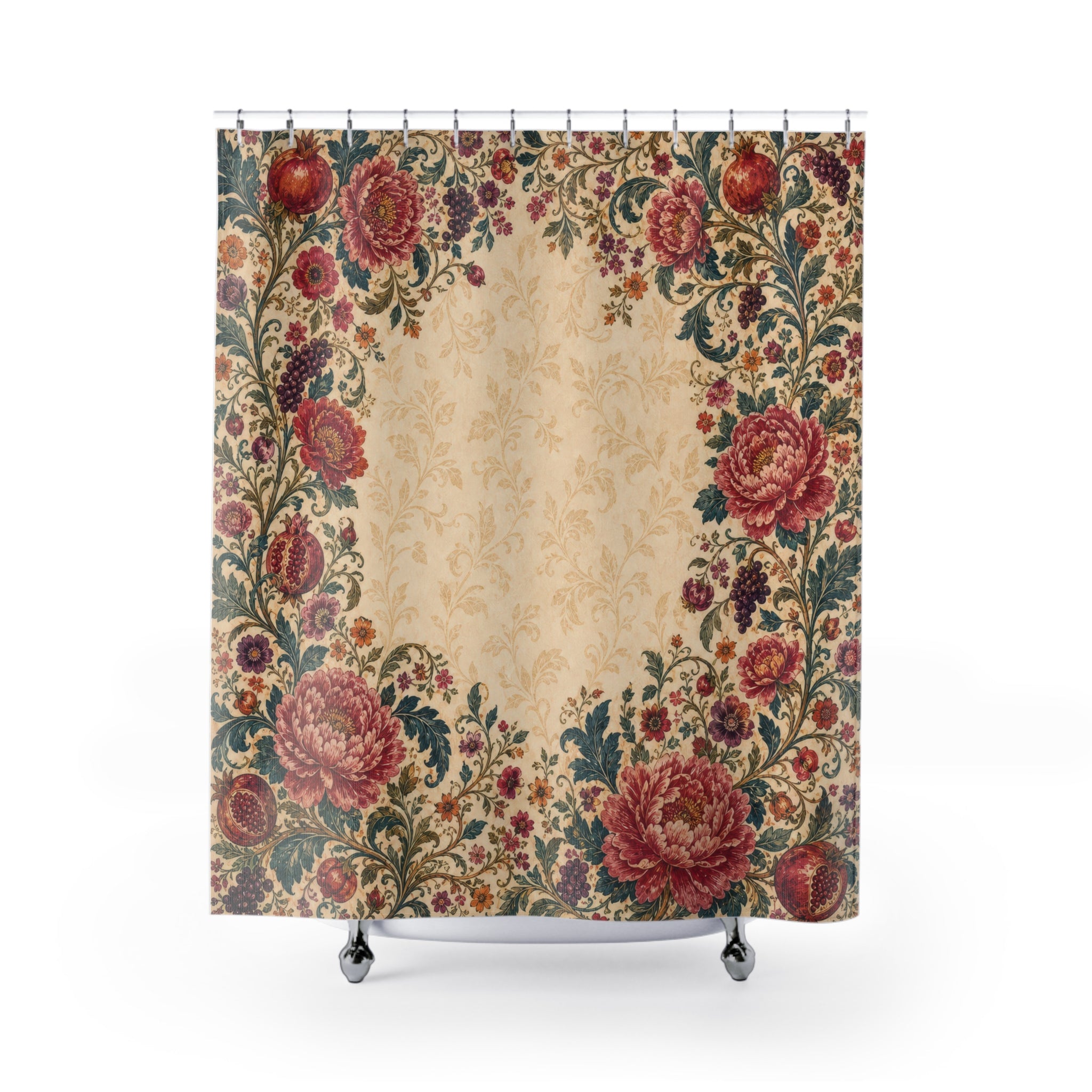 Boho Floral Border Pomegranate Shower Curtain