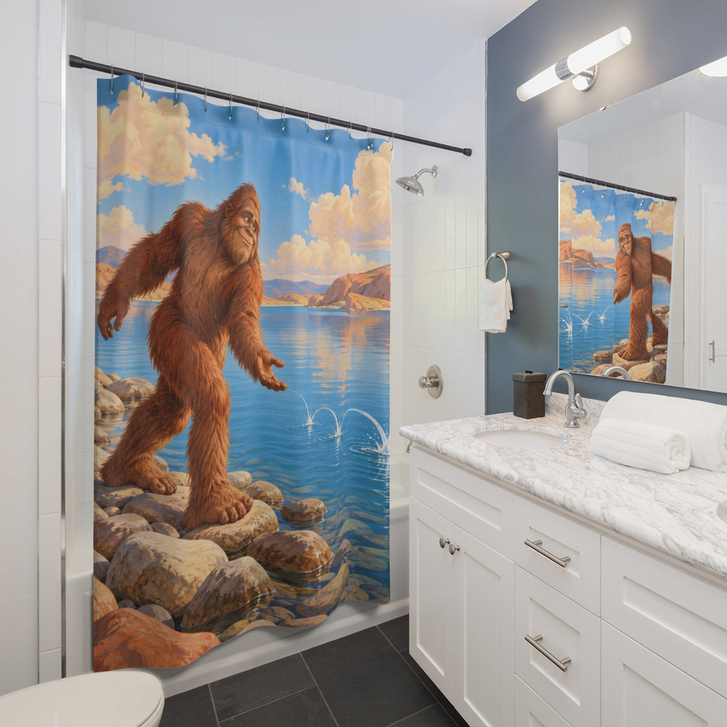 Cinnamon Bigfoot skipping a stone across a blue lake shower curtain beside a white vanity