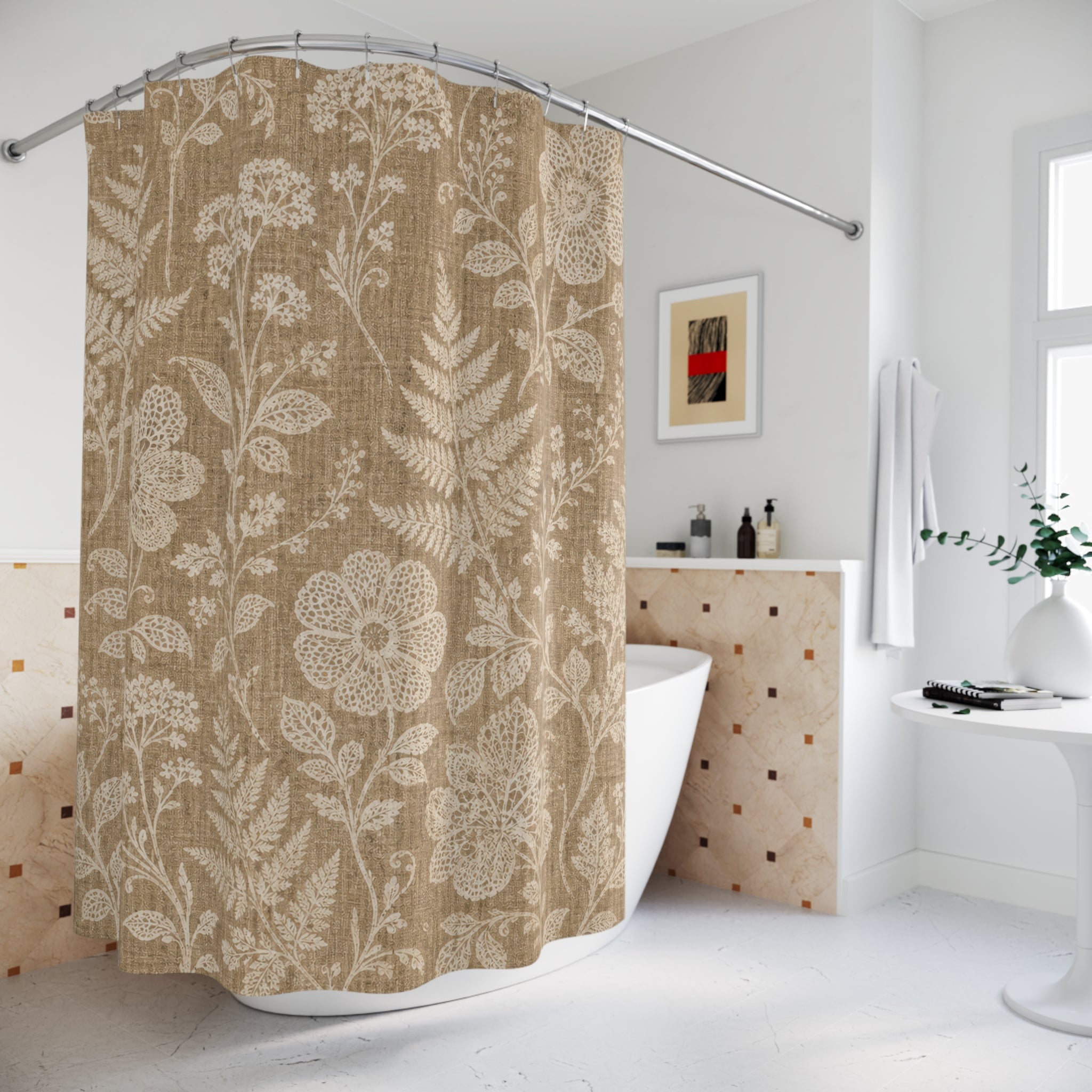 Beige Lace Botanical Shower Curtain