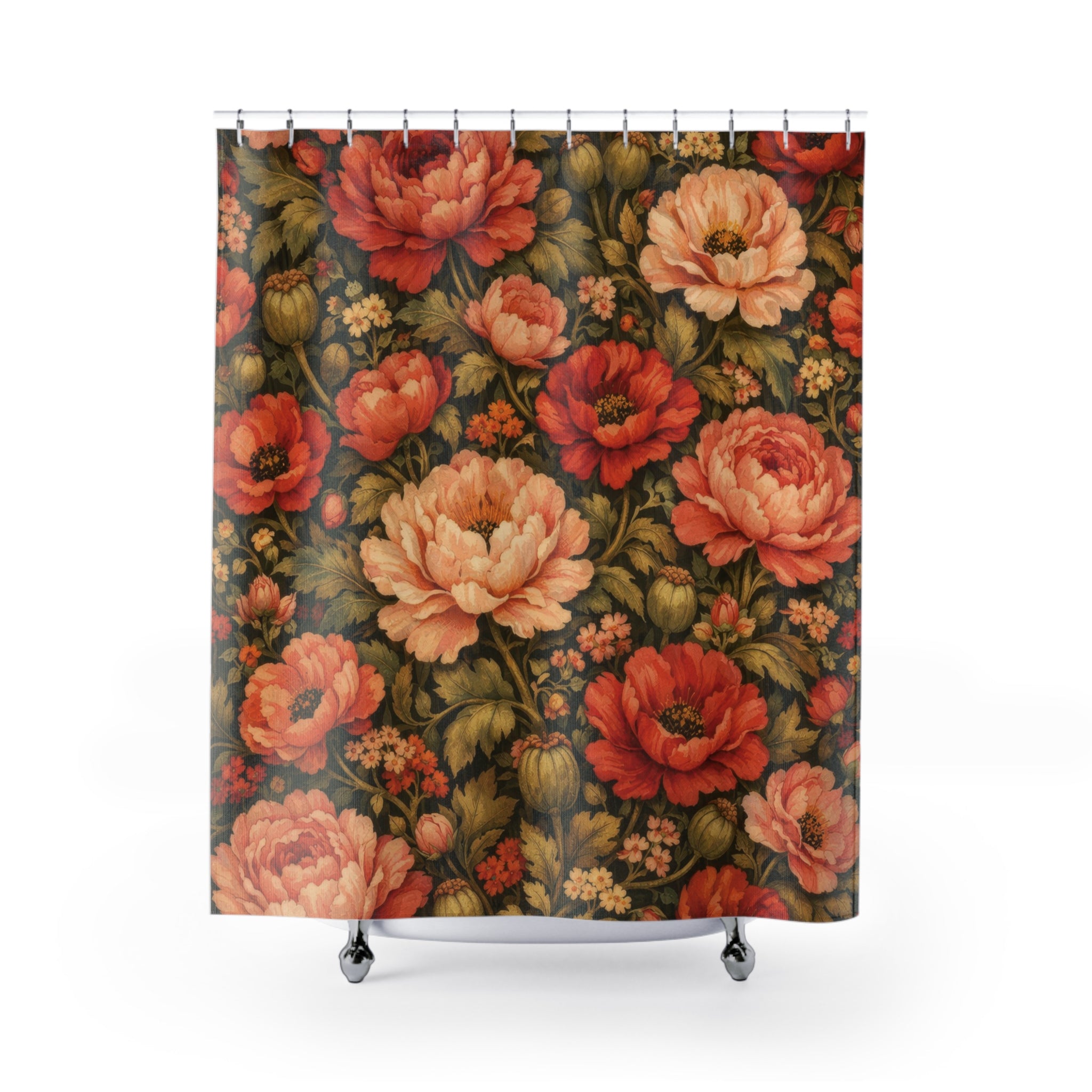 Red Peony Poppy Shower Curtain – Vintage Floral Garden