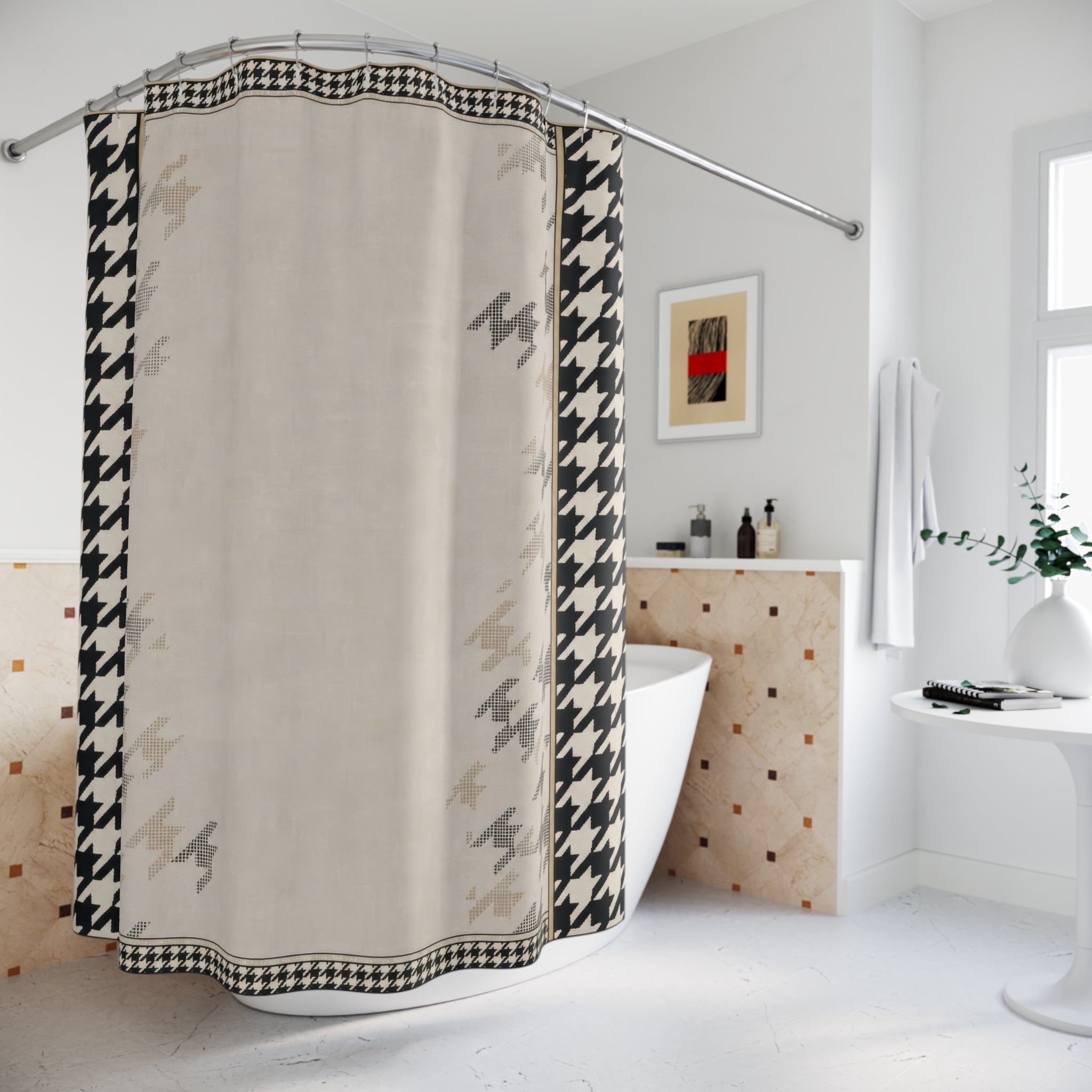 Houndstooth Border Shower Curtain, Black Ivory Check Bath Decor, Greige Center Frame Pattern, Modern Neutral Guest Bathroom Style Decor