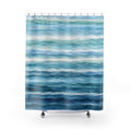 Watercolor bands of aqua and teal deepening to blue below shower curtain with full front view
