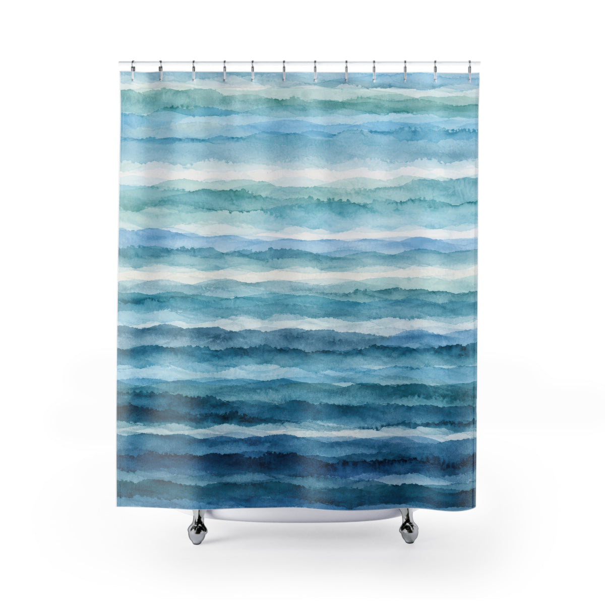 Watercolor bands of aqua and teal deepening to blue below shower curtain with full front view