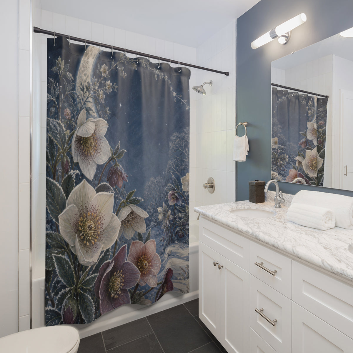 Moonlit winter hellebores in a snowy blue garden shower curtain beside a white vanity