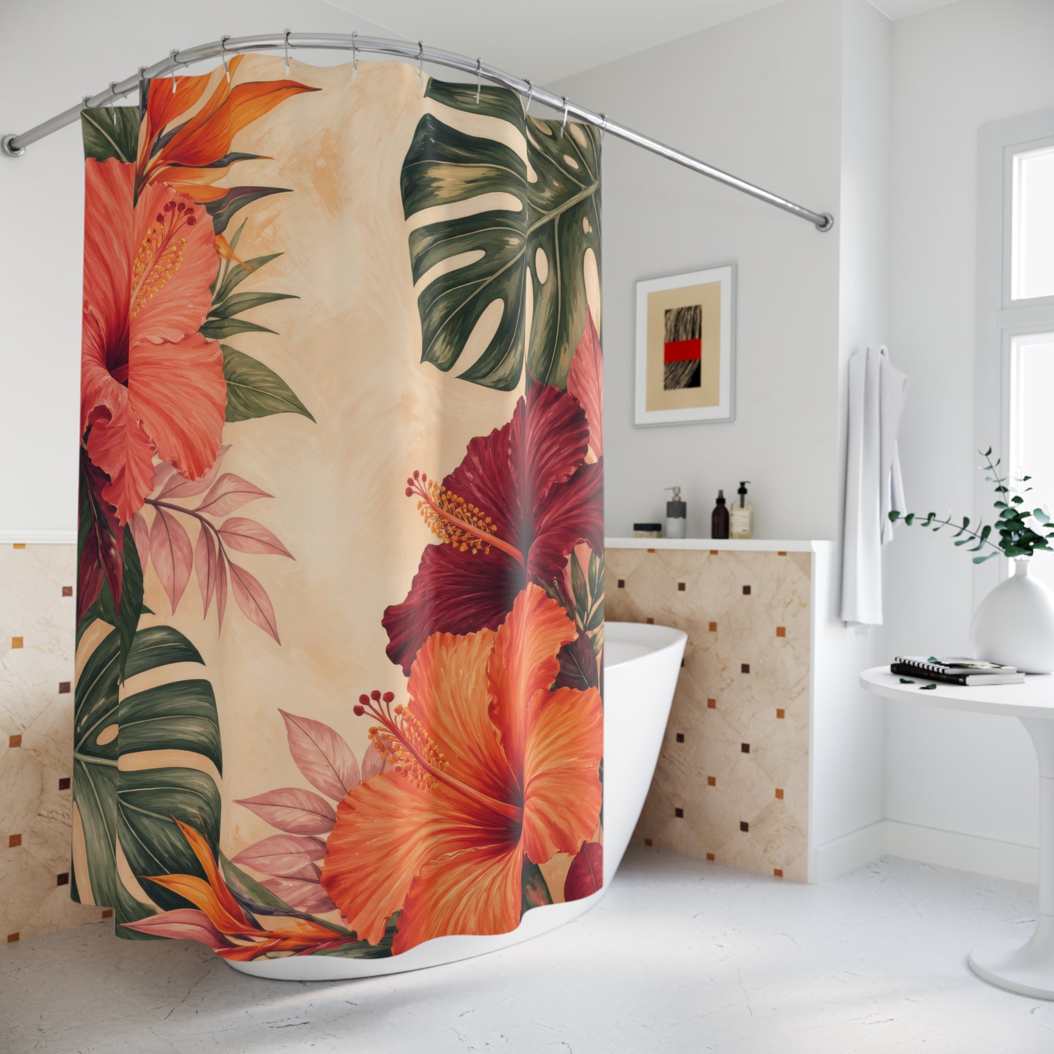 Coral Tropical Hibiscus Shower Curtain