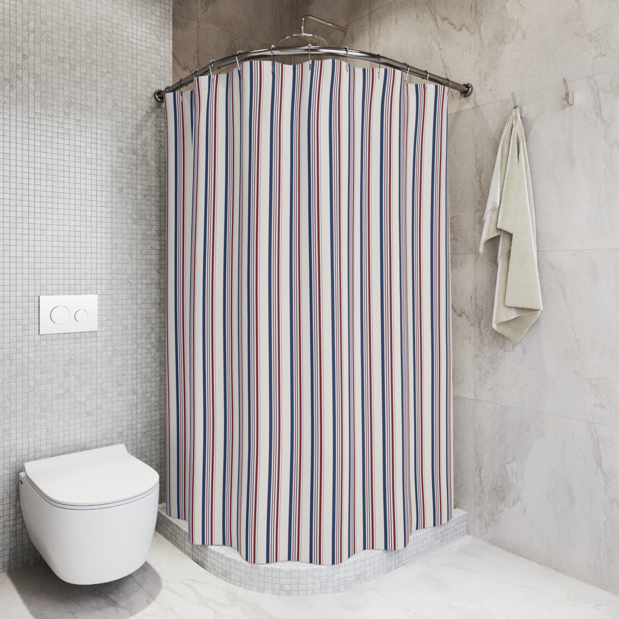 French Country Stripe Shower Curtain – Blue and Red