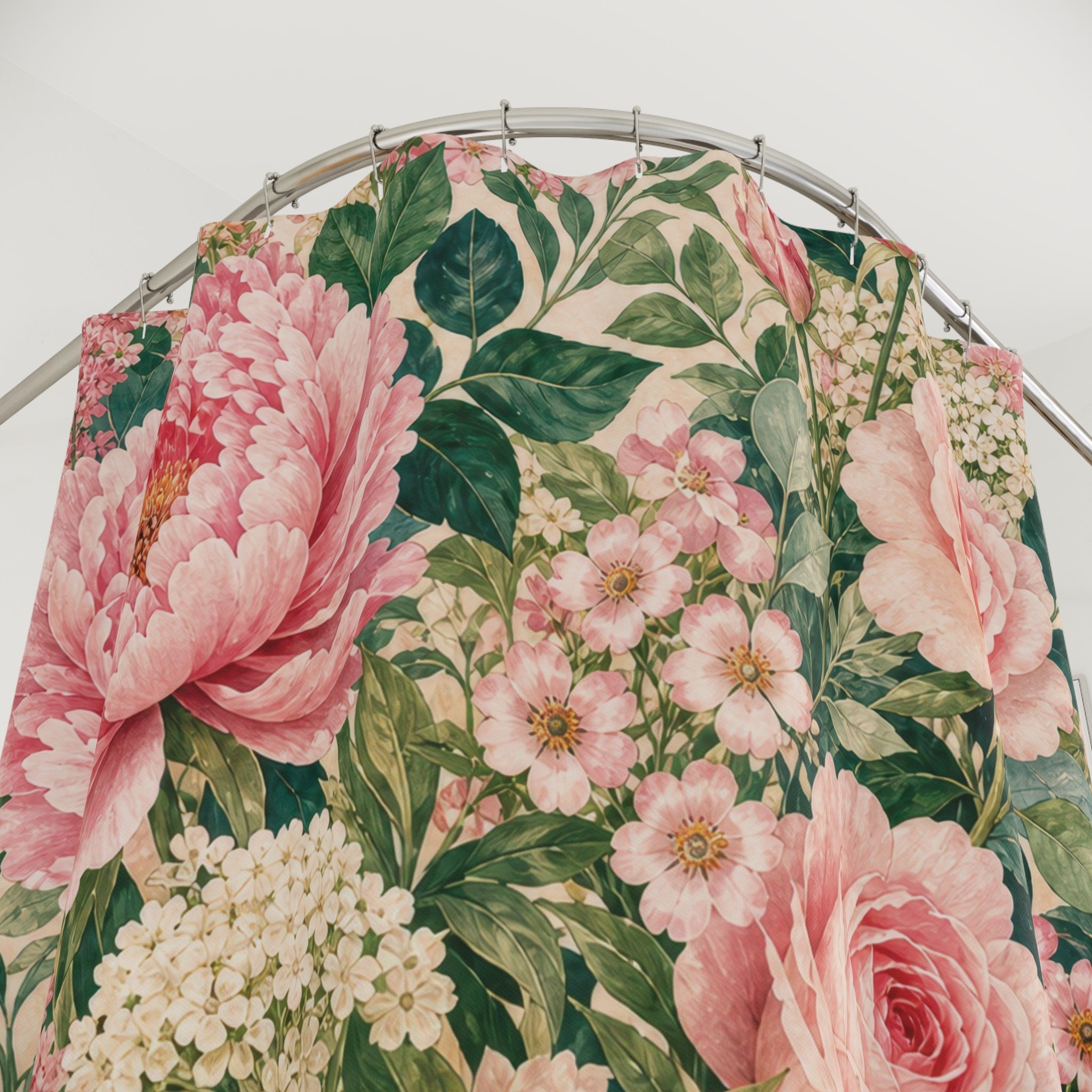 Green and Pink Shower Curtain: Rose Floral Botanical Pattern