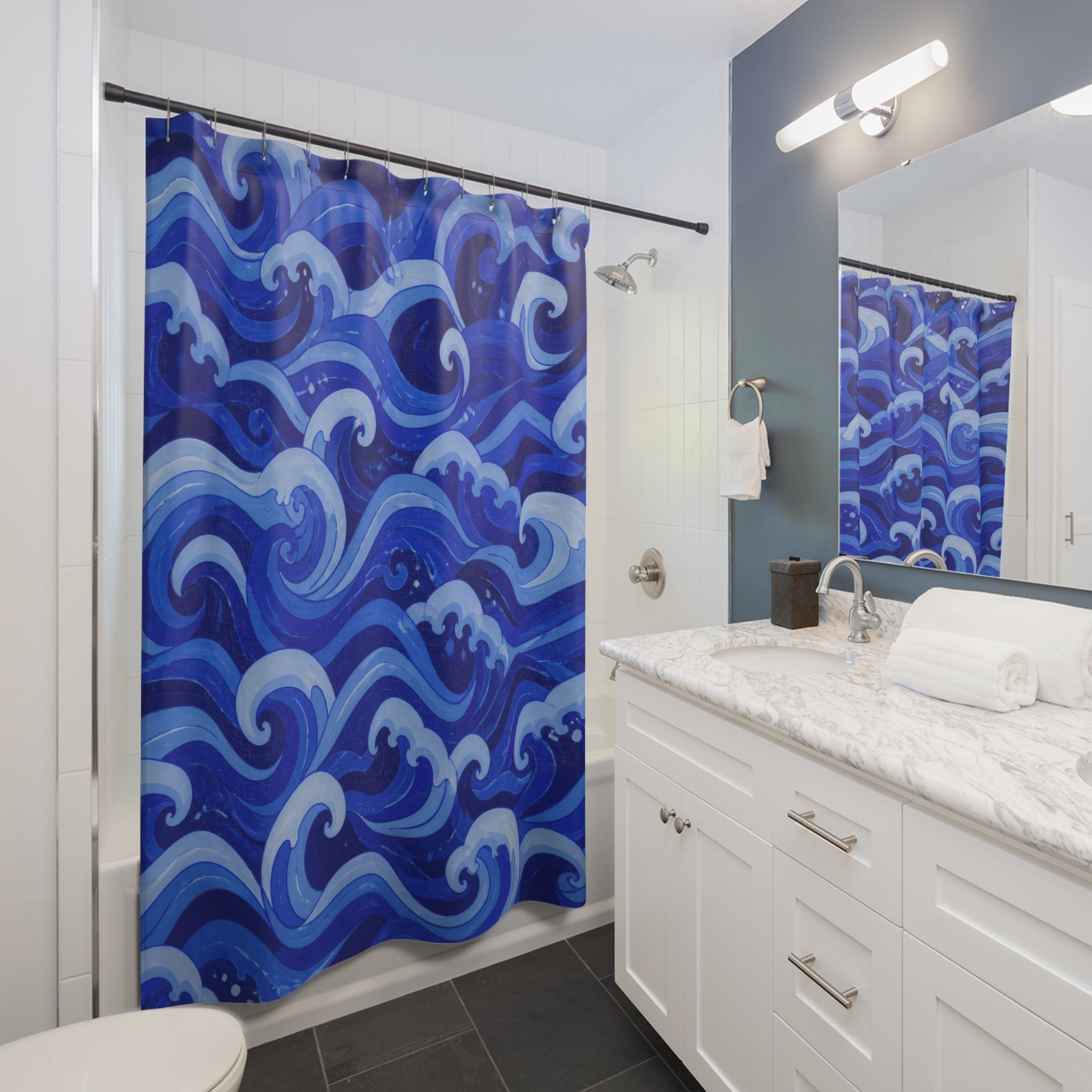 Blue Wave Shower Curtain, Cobalt Blue Coastal Bathroom Decor, Graphic Wave Bath Curtain, Guest Bath Decor, Small Bathroom Decor, Home Decor