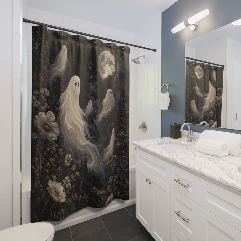 Ghost Shower Curtain: Moonlit Gothic Botanical