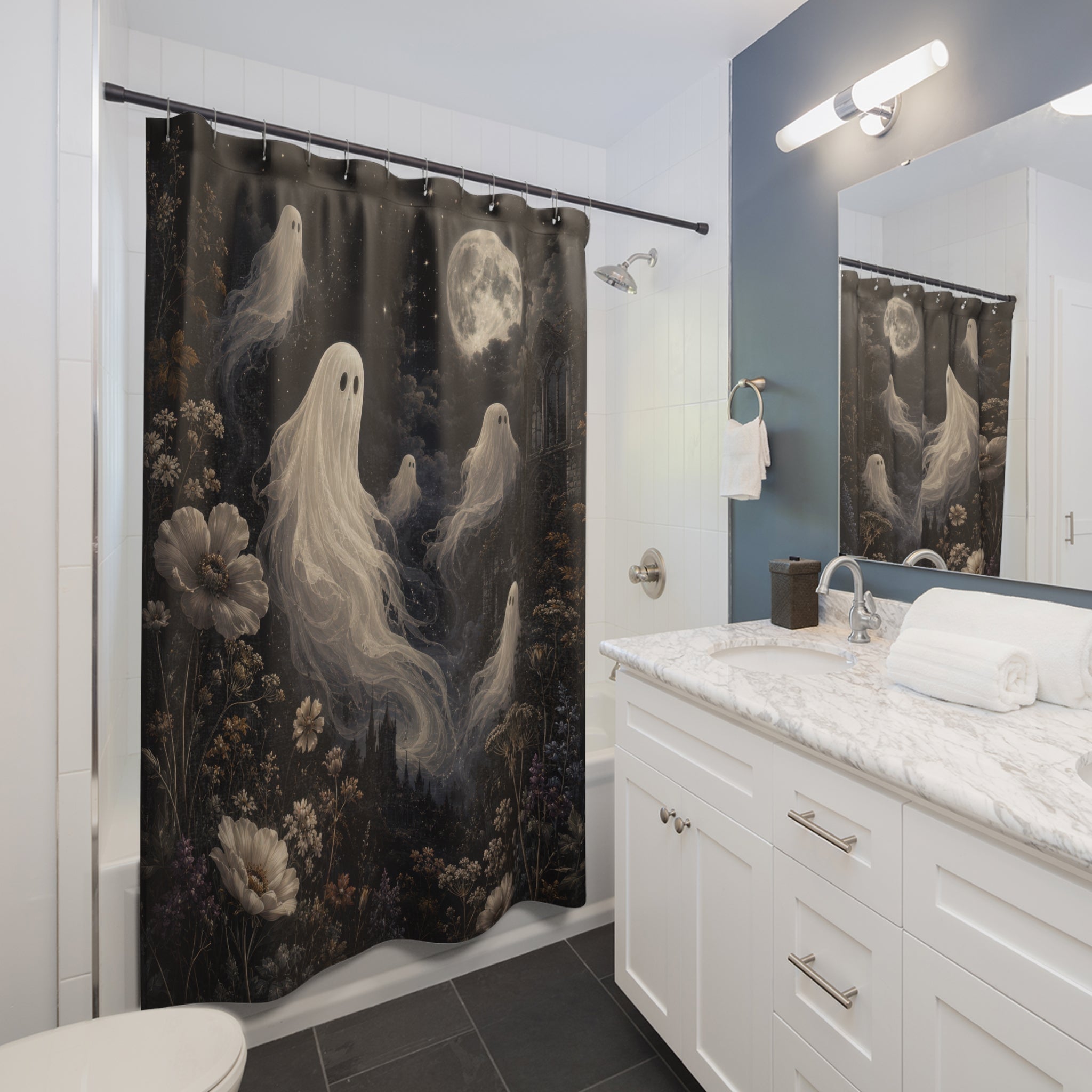 Ghost Shower Curtain: Moonlit Gothic Botanical
