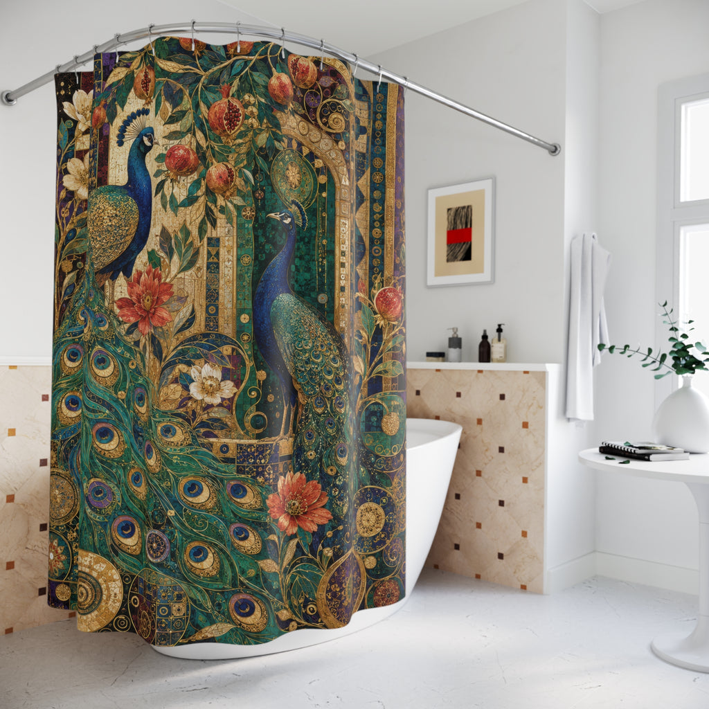 Klimt Inspired Peacock Shower Curtain: Teal Green Nouveau