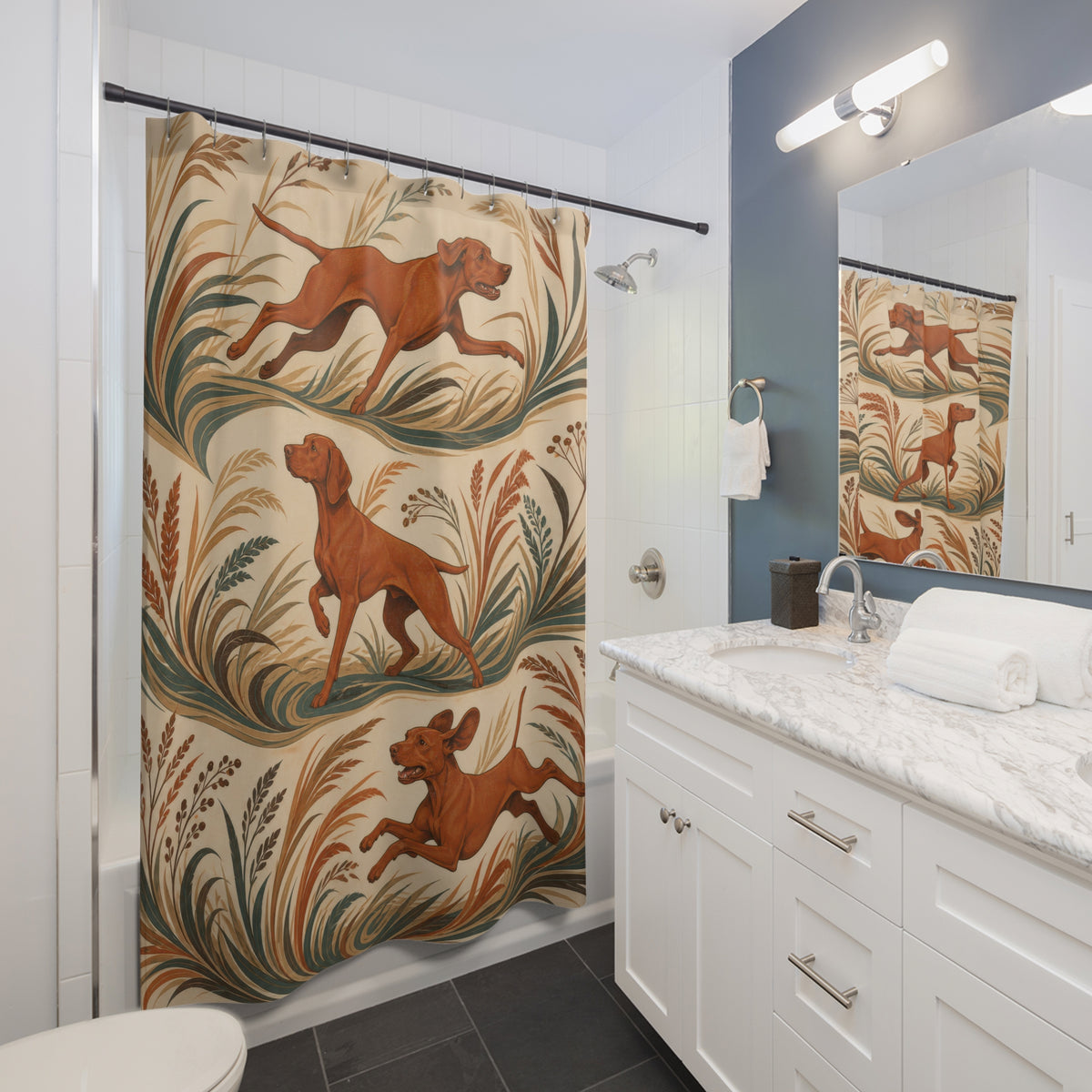 Botanical running Vizsla shower curtain beside a white vanity