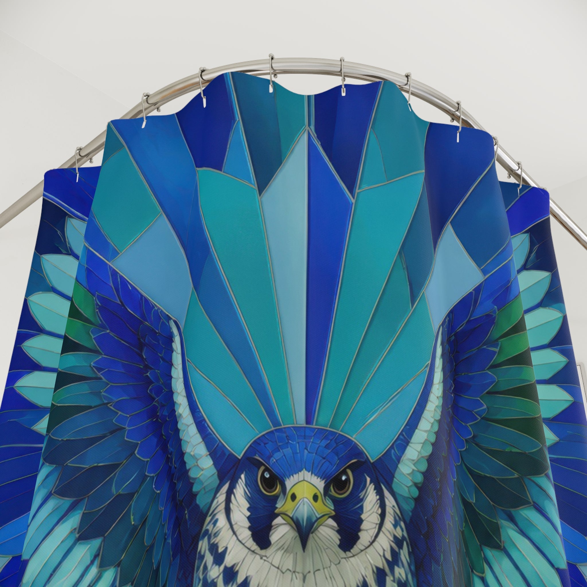 Close-up of Frontal falcon with cobalt teal and emerald prismatic wings shower curtain with hooks and folds
