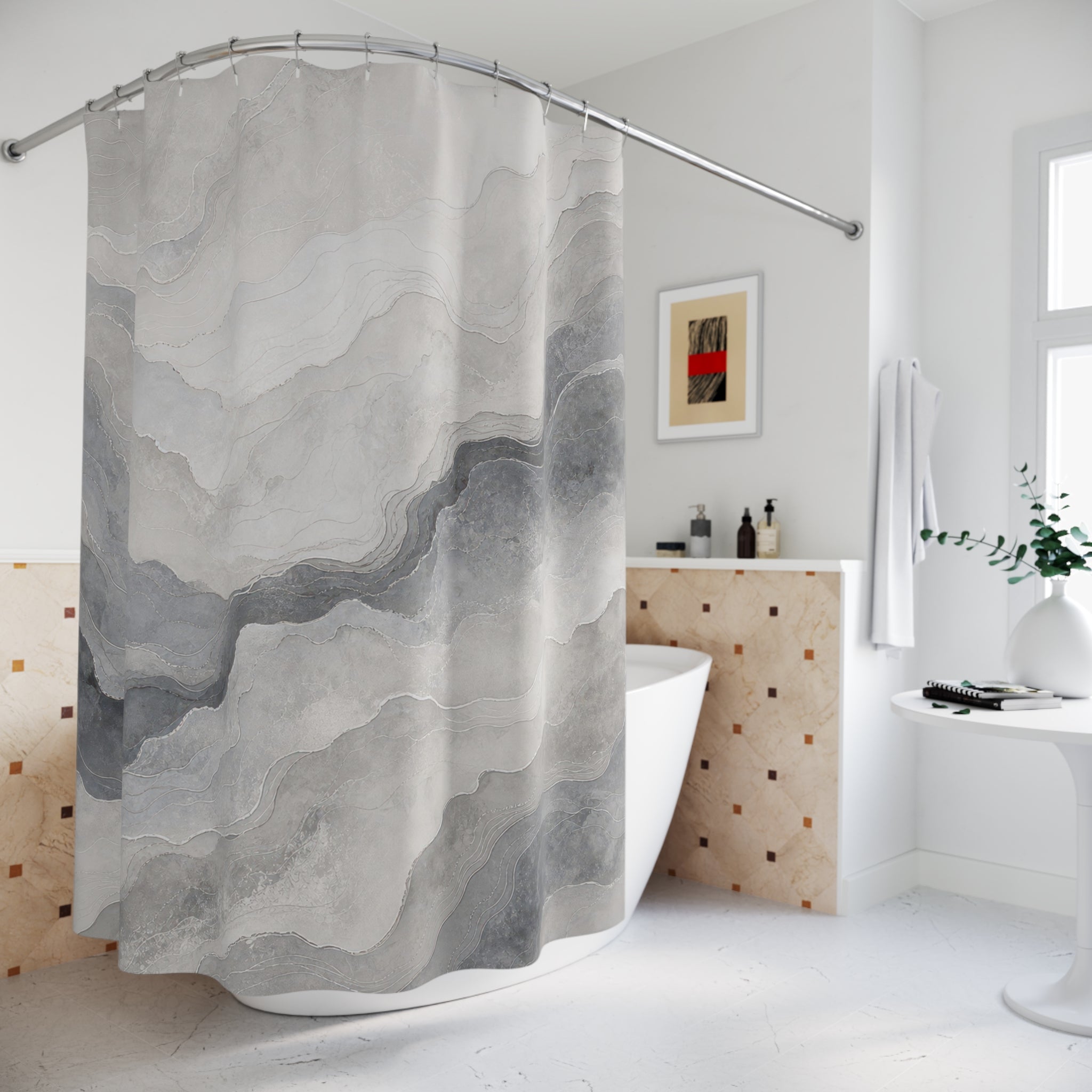 Gray Watercolor Abstract Modern Landscape Black Shower Curtain