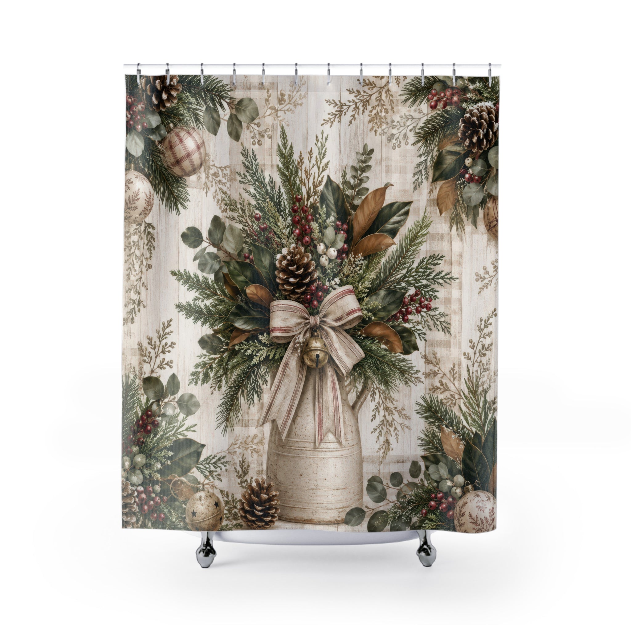 Farmhouse Christmas Shower Curtain: Rustic Holiday Botanical