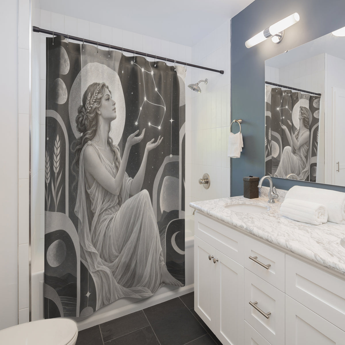 Grey and white Virgo maiden among geometric arches shower curtain beside a white vanity