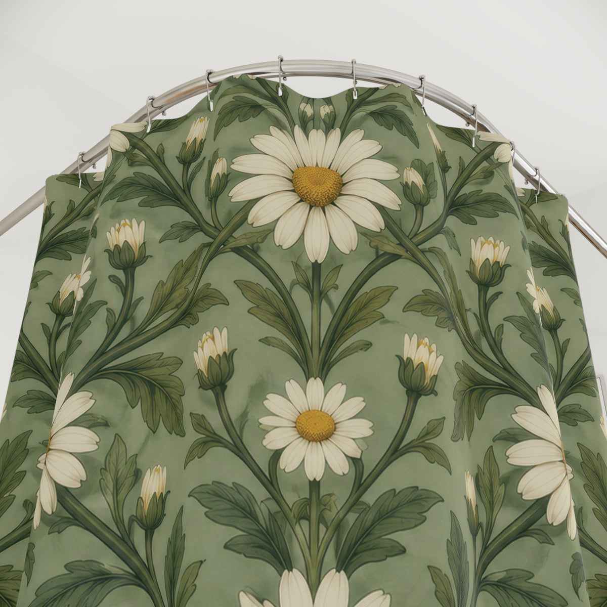 Sage green ivory daisy trellis shower curtain with close-up print, hooks, and folds