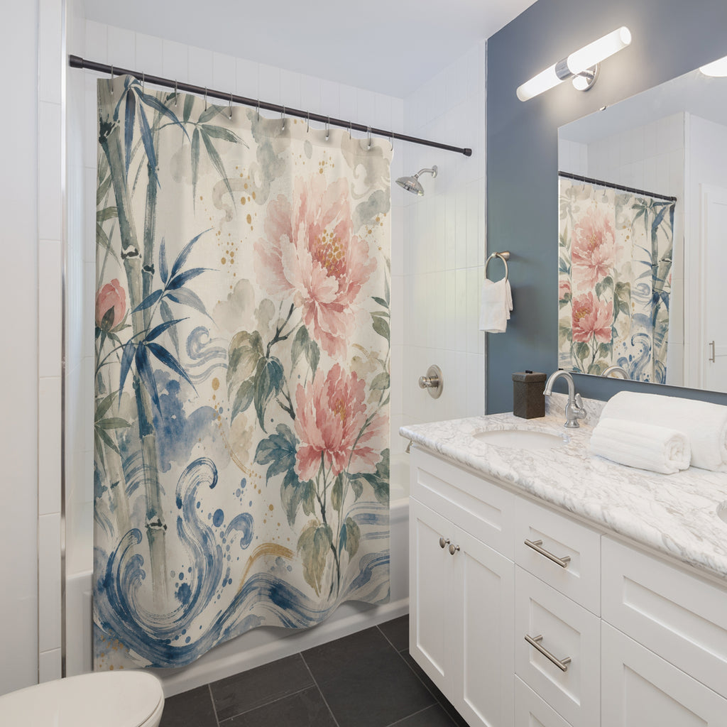 Blue White Chinoiserie Floral Beige Cream Gold Shower Curtain