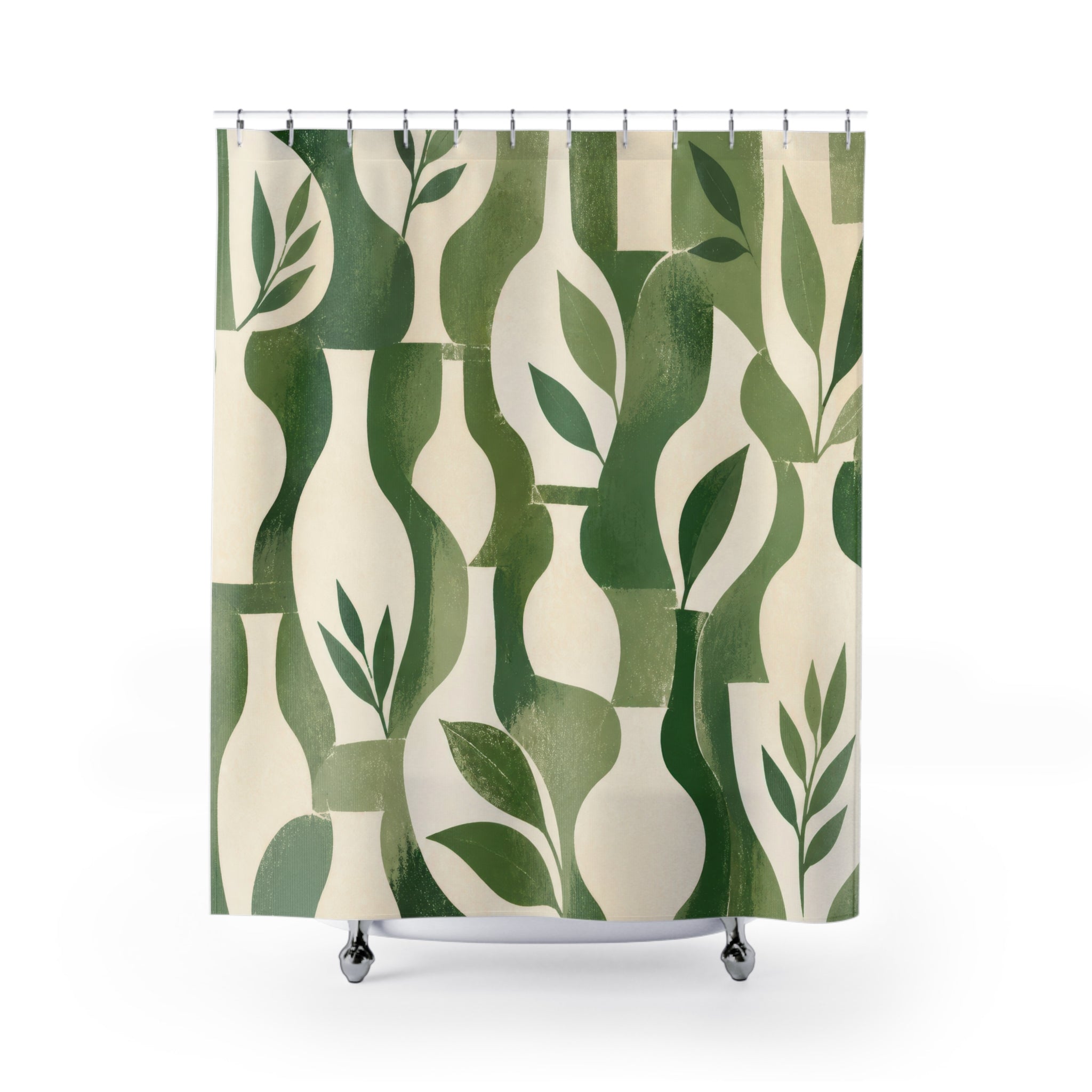 Green and White Shower Curtain, Botanical Leaf Bath Decor, Modern Abstract Block Pattern, Fresh Guest Bathroom Decor, Sage Style Decor