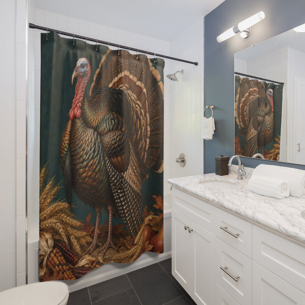 Bronze turkey with harvest wheat and corn on deep teal shower curtain beside a white vanity