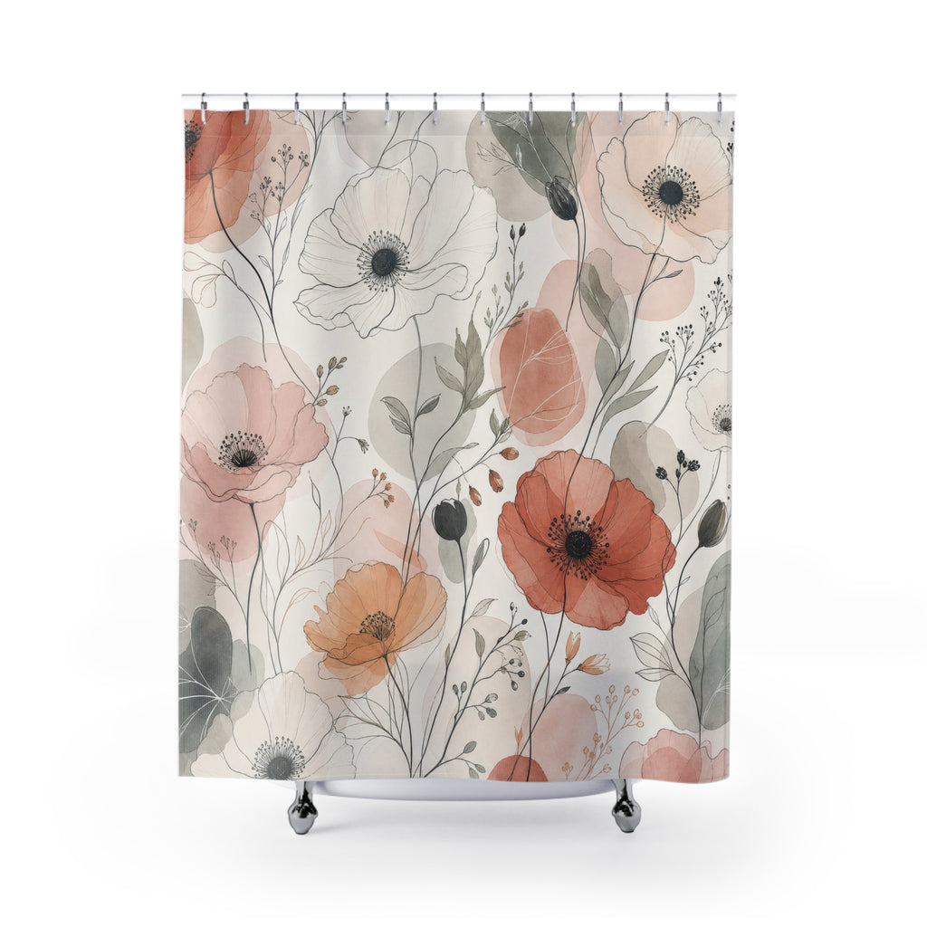 Coral Peach Poppy Flower Shower Curtain