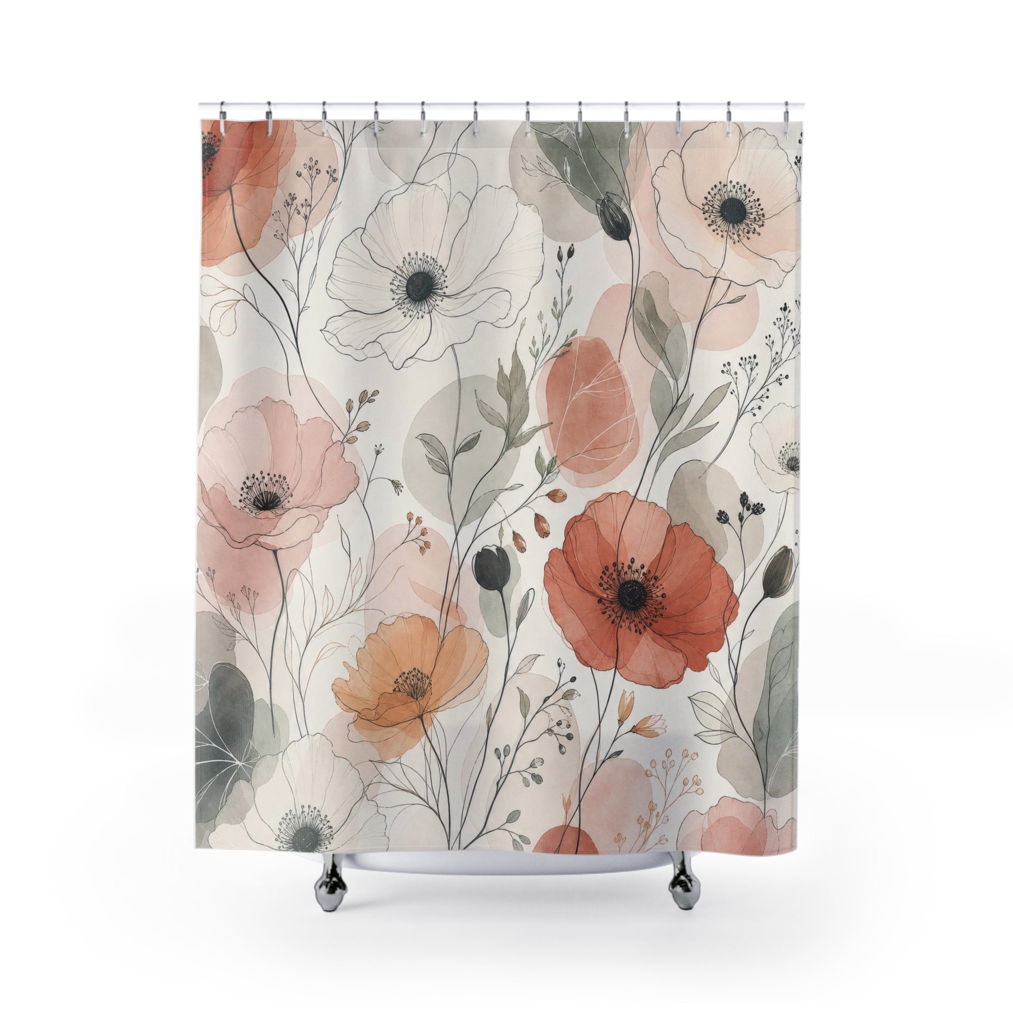 Coral Peach Poppy Flower Shower Curtain