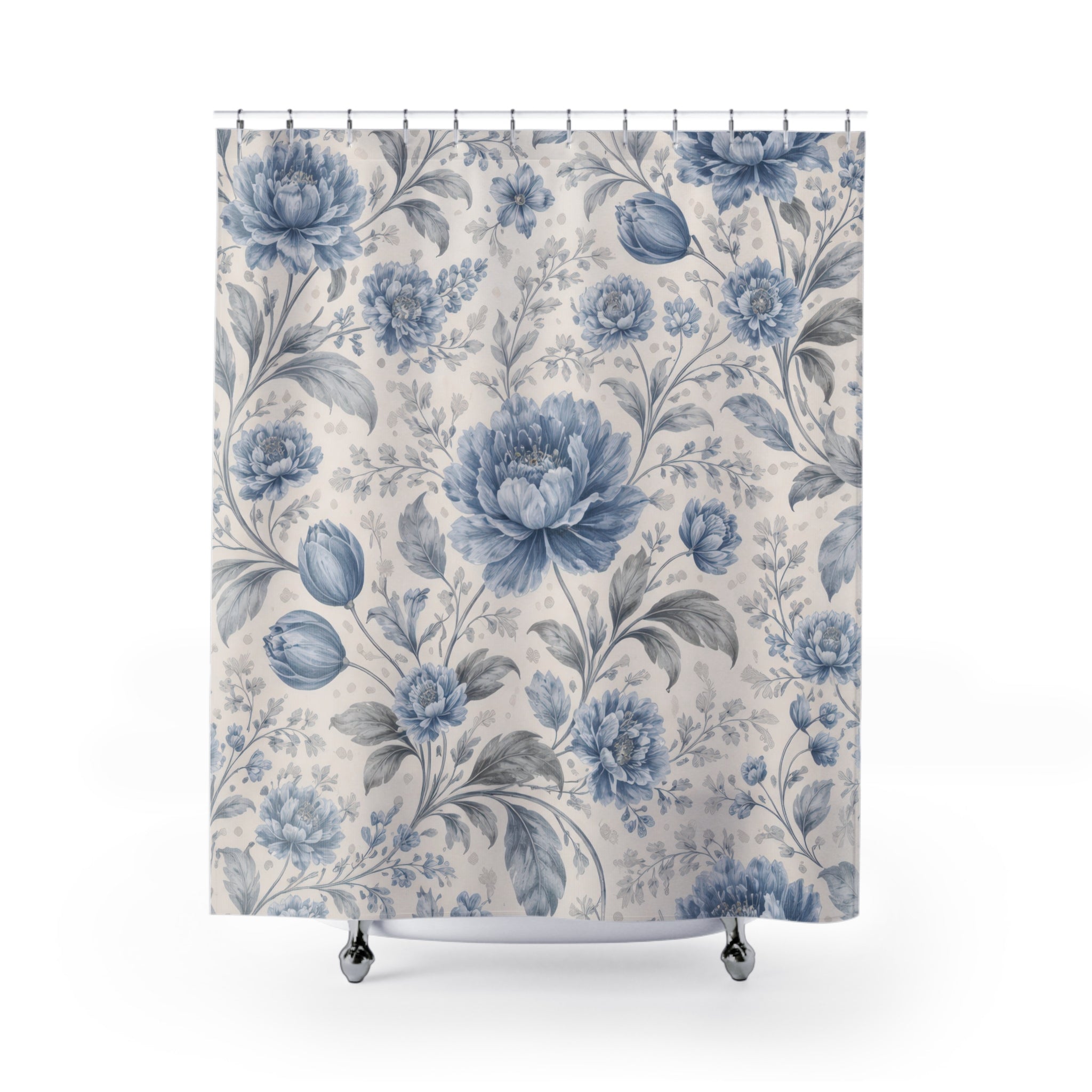 Blue Flower Shower Curtain – Dusty Blue and Ivory
