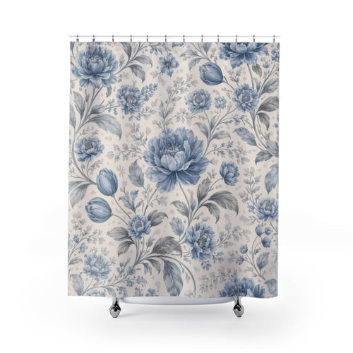 Blue Flower Shower Curtain – Dusty Blue and Ivory