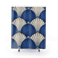 Overlapping cobalt blue and ivory scallop shells shower curtain with full front view