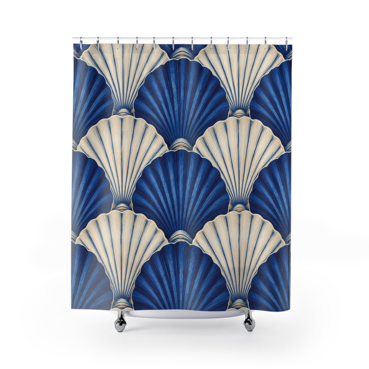 Overlapping cobalt blue and ivory scallop shells shower curtain with full front view