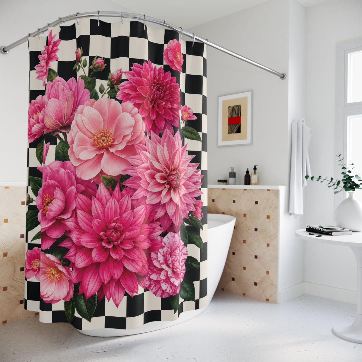 Magenta dahlias on black and white checks shower curtain beside a freestanding tub