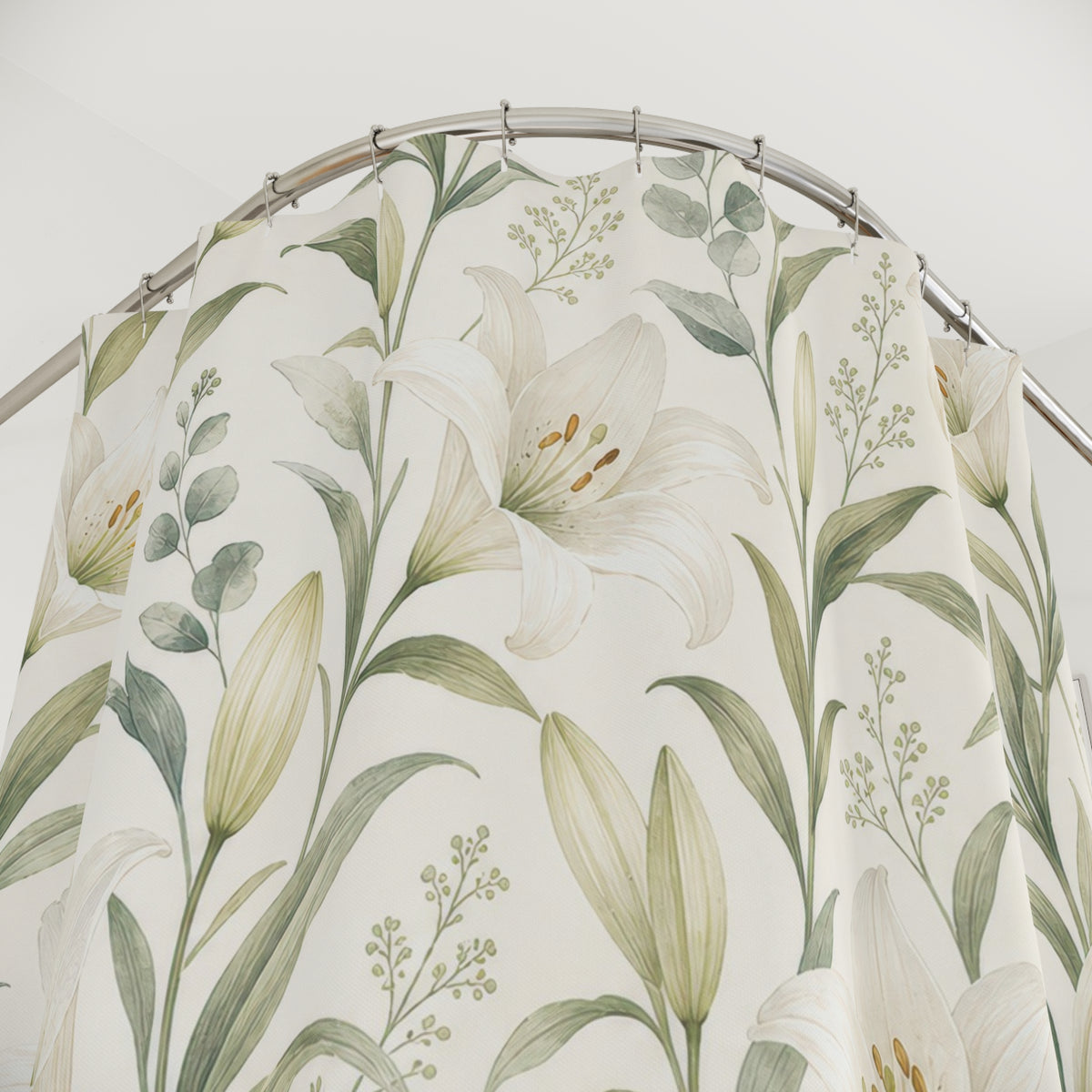 Floral Botanical white lily tall shower curtain with close-up print, hooks, and folds