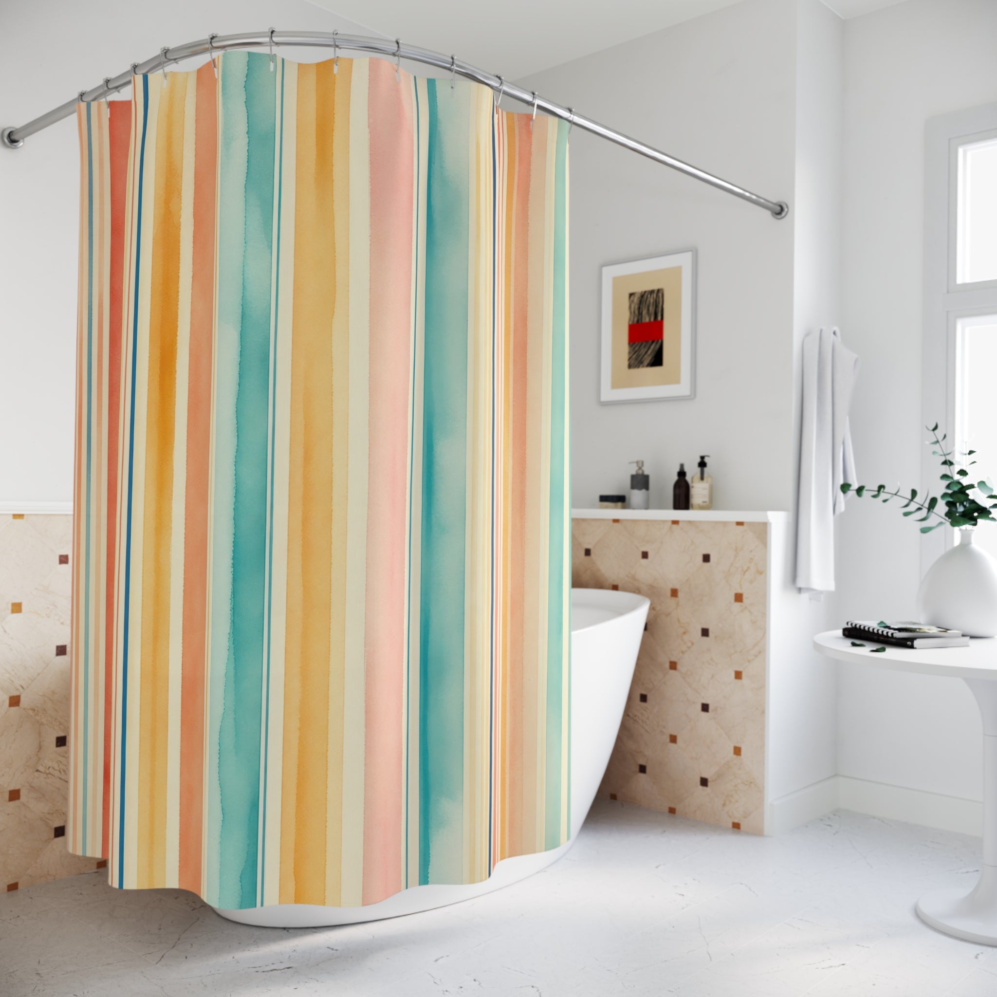 Coral Aqua Watercolor Stripe Shower Curtain