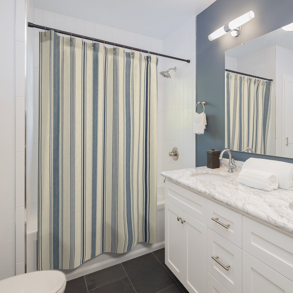 Indigo Ivory Ticking Shower Curtain