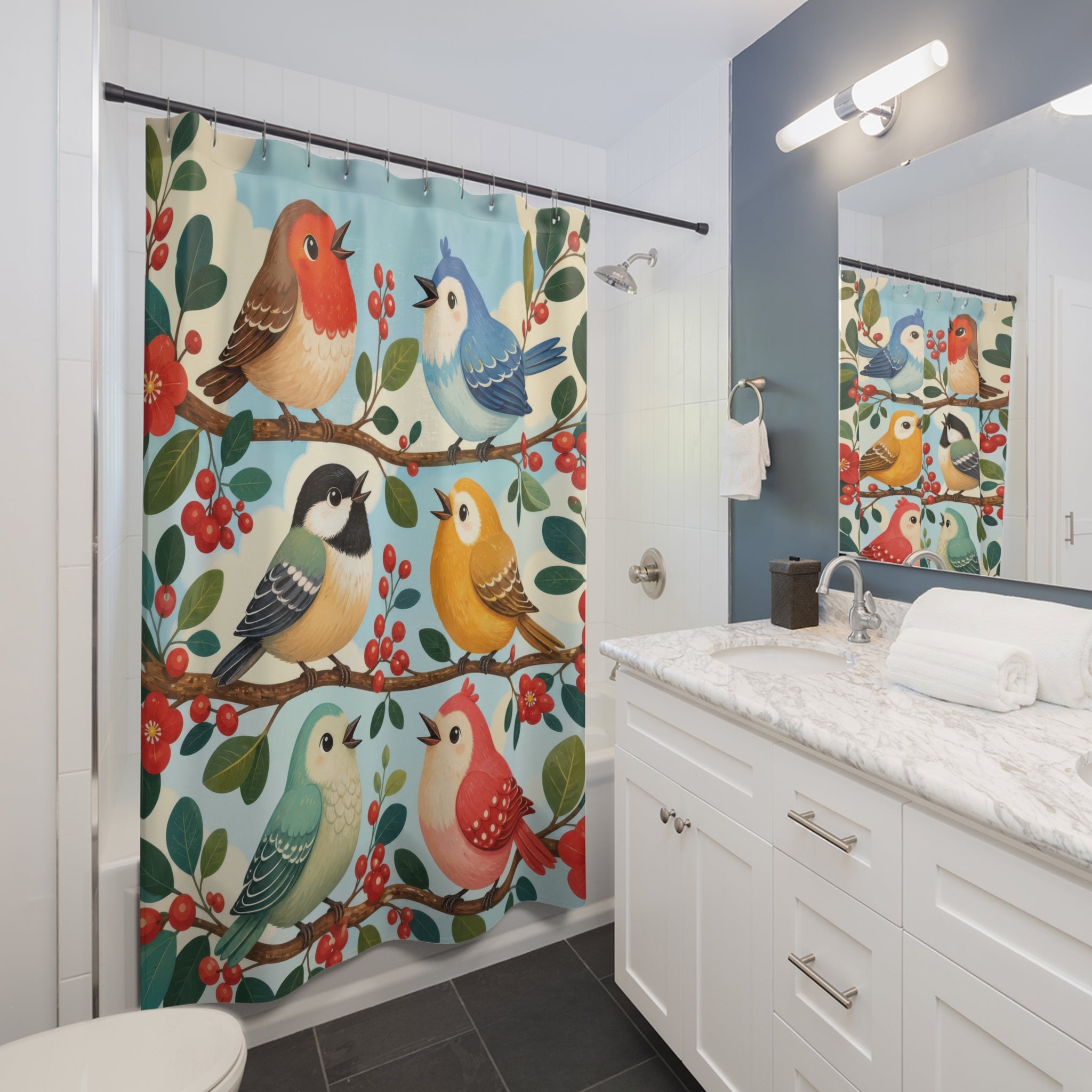 Colorful round songbirds singing on tiered berry branches shower curtain installed beside a white vanity