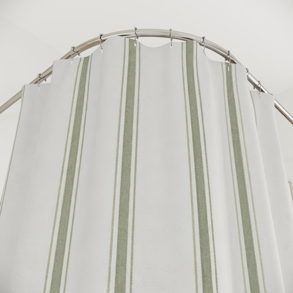 Green Striped Shower Curtain, Gray Green Ticking Bath Decor, White Farmhouse Pinstripe Pattern, Guest Bathroom Style, Calm Sage Style