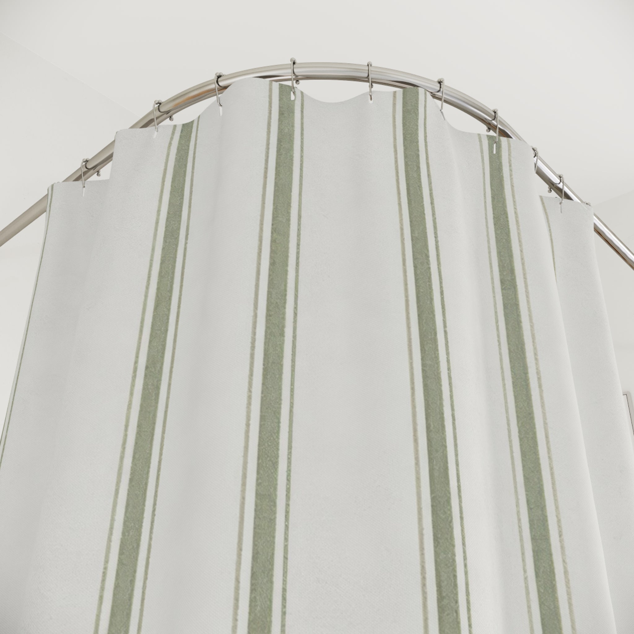 Green Striped Shower Curtain, Gray Green Ticking Bath Decor, White Farmhouse Pinstripe Pattern, Guest Bathroom Style, Calm Sage Style
