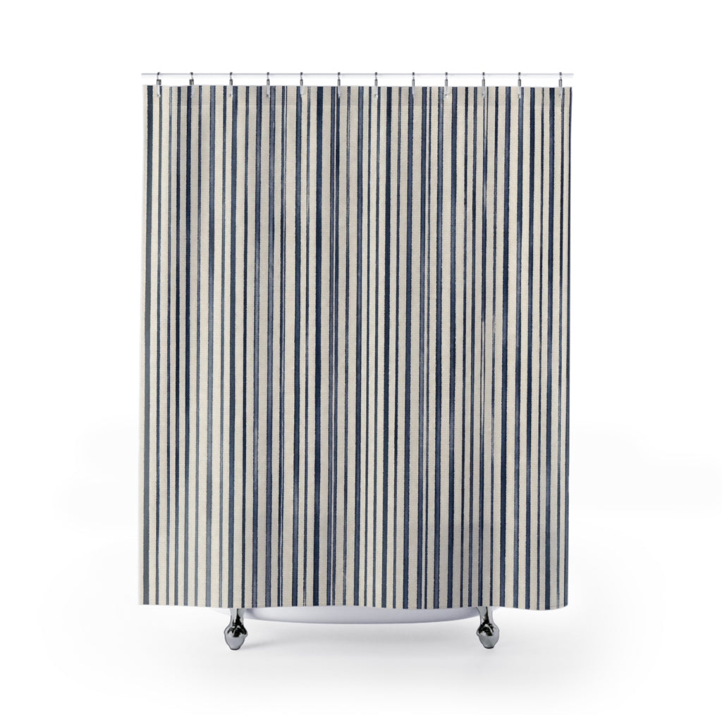 Navy Blue White Pinstripe Shower Curtain