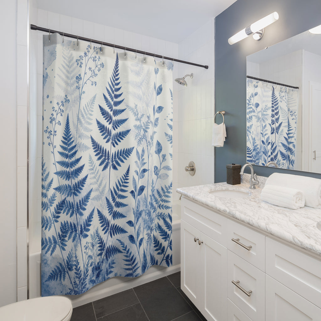 Blue Fern Shower Curtain, Blue White Nature Bathroom Decor, Fern Botanical Bath Curtain, Guest Bath Decor, Small Bathroom Decor, Home Decor