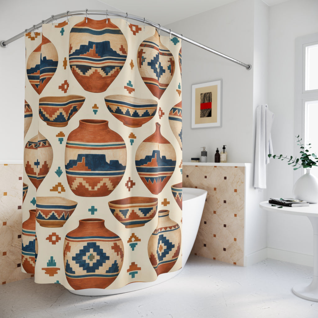 Terracotta pottery with blue mesas and stepped diamonds shower curtain beside a freestanding tub