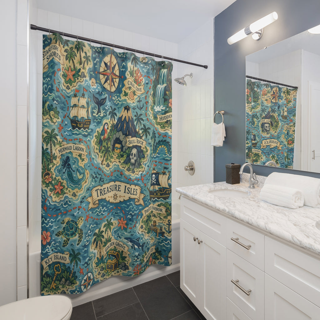 Fantasy Map Shower Curtain – Kids Treasure Island Blue