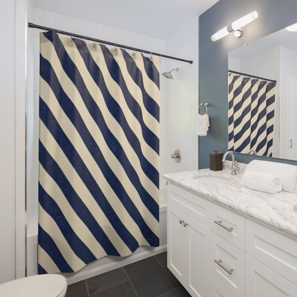 Navy Blue Cream Diagonal Stripe Shower Curtain