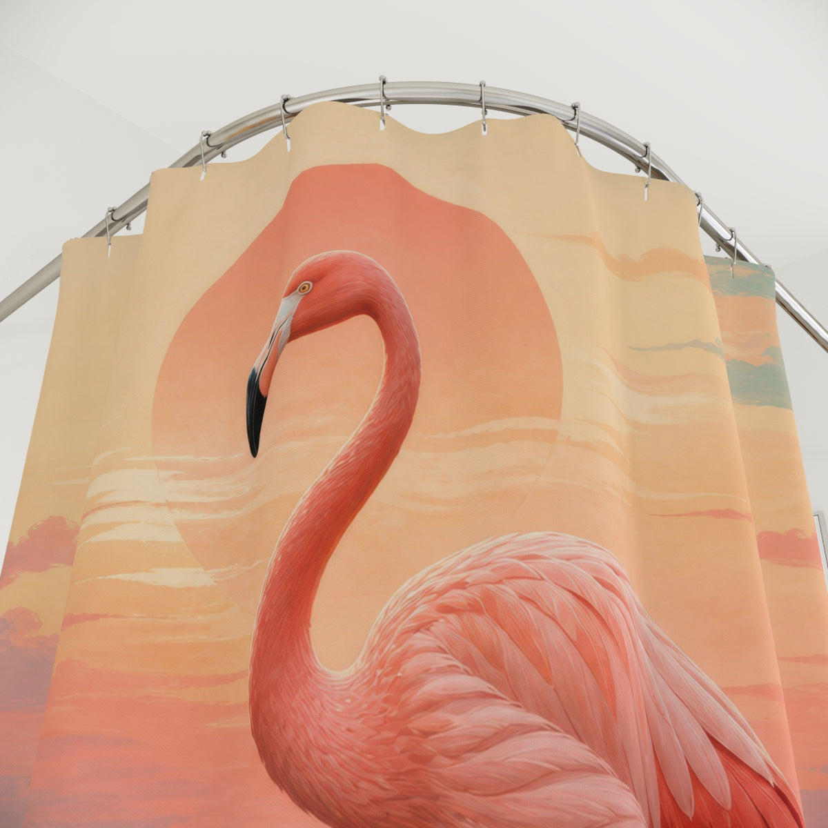 Coral flamingo standing in a teal sunrise lagoon shower curtain with close-up print, hooks, and folds